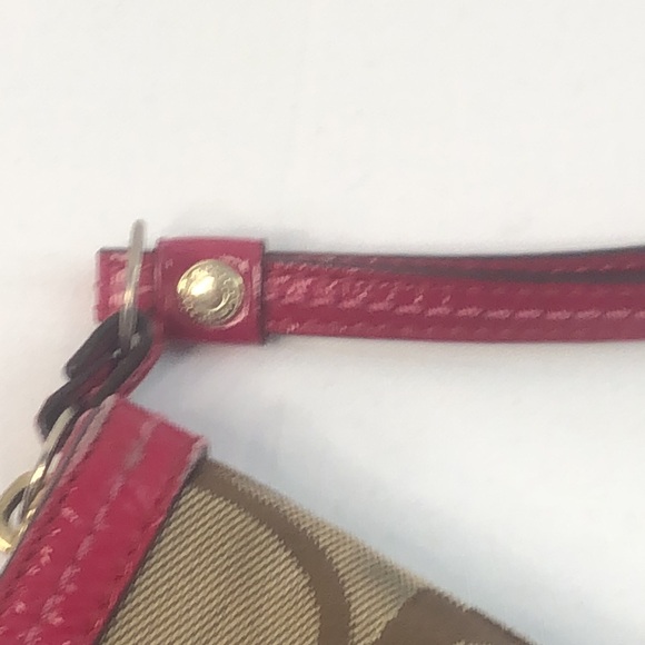 Coach Khaki Signature Stripe Patent Shoulder Tote Red Bag Handbag 12429 - Picture 14 of 16